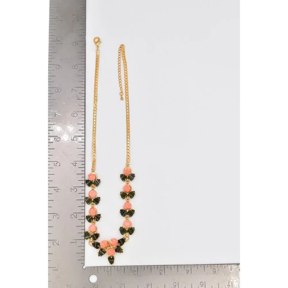 Vintage Carved Rose Leaf Collar Necklace Pink Floral Statement Gold Tone BinBE